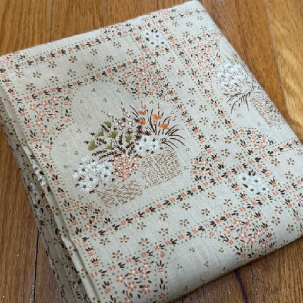 Vintage tan shower curtain baskets and flowers Ames